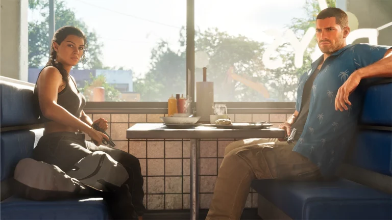 Jason e Lucia sentados em uma lanchonete em imagem inédita de GTA 6