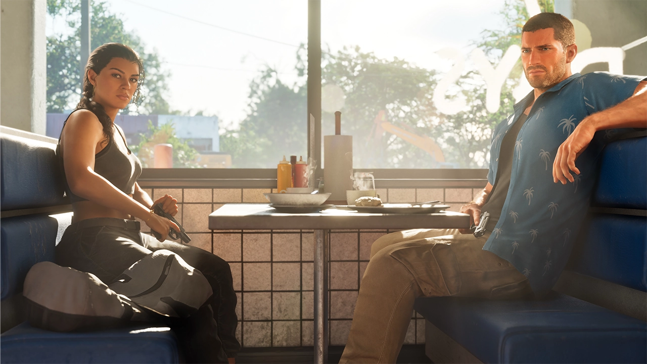 Jason e Lucia sentados em uma lanchonete em imagem inédita de GTA 6