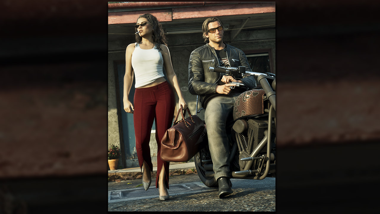 Lucia e Jason ao lado de uma moto em imagem inédita de GTA 6