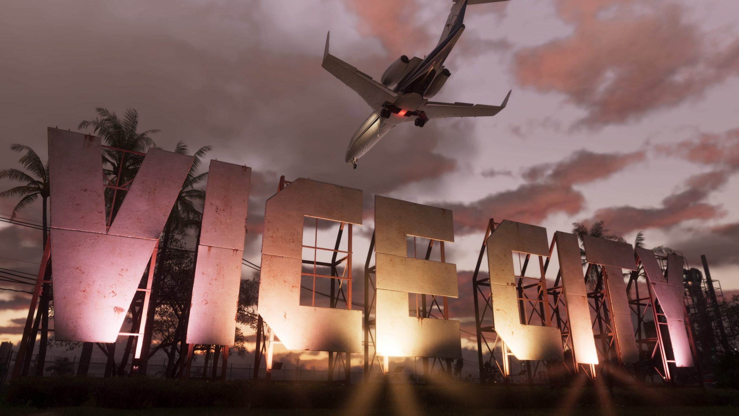Arte oficial de Vice City em GTA 6, com a orla iluminada ao entardecer