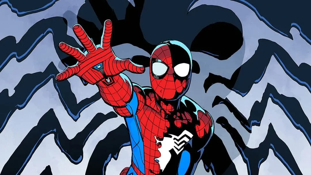 Homem-Aranha com o traje parcialmente tomado pelo simbionte na arte da segunda temporada de Seu Amigão da Vizinhança: Homem-Aranha