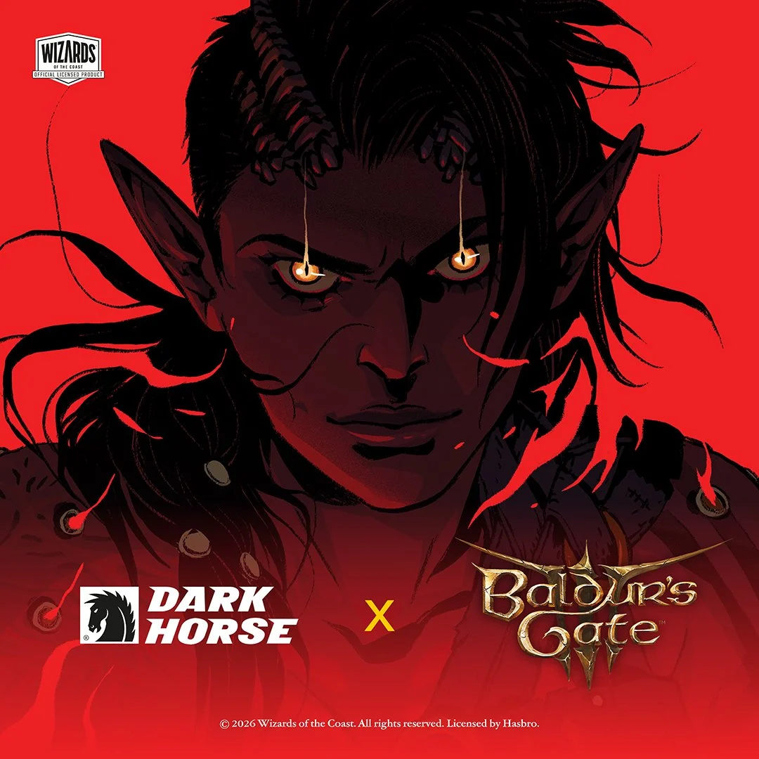 Teaser da parte de Karlach na HQ de Baldur’s Gate 3, com os logos da Dark Horse e do jogo