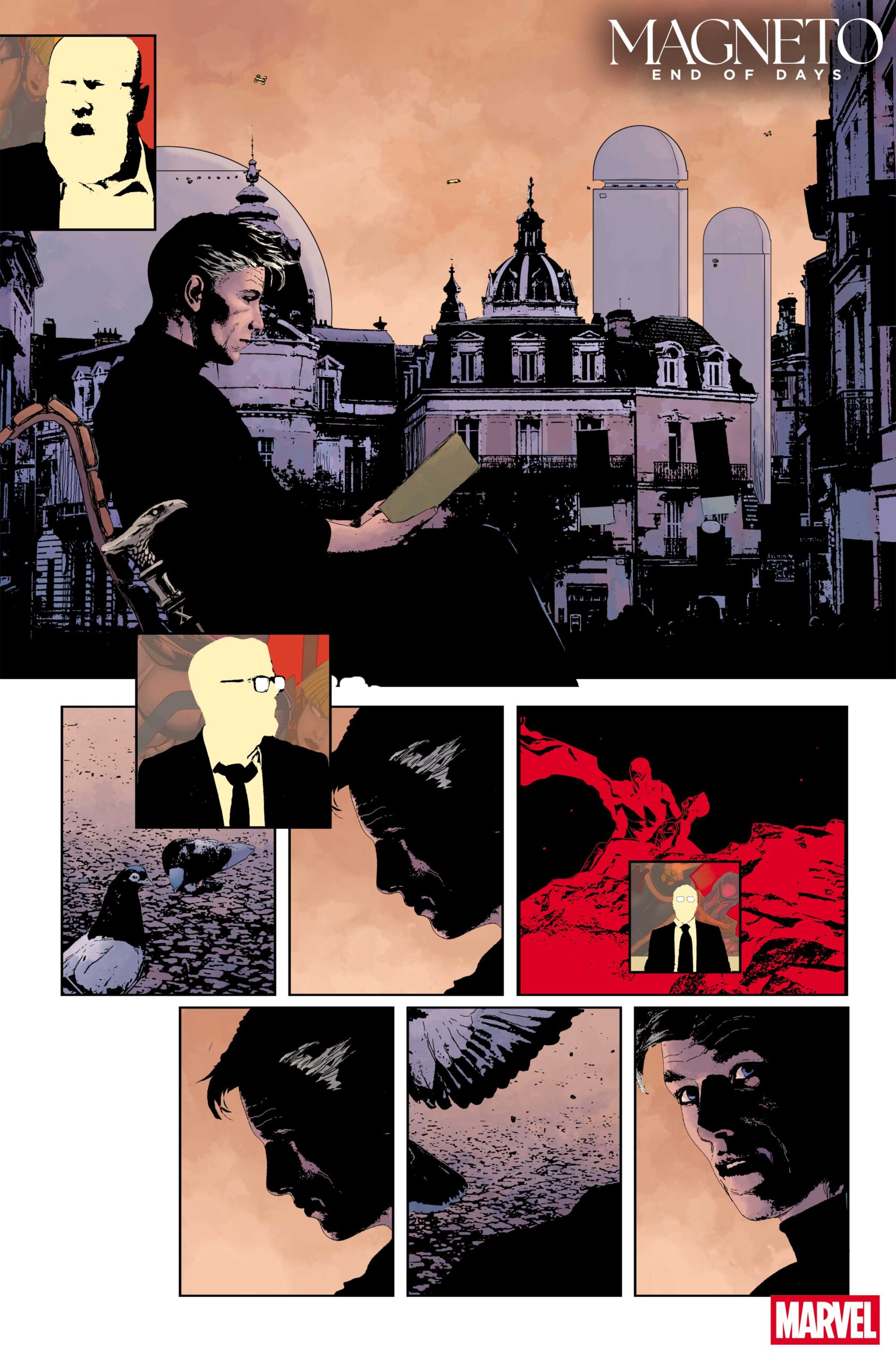 Página de prévia de Magneto: End of Days com um homem lendo um documento diante de uma cidade.