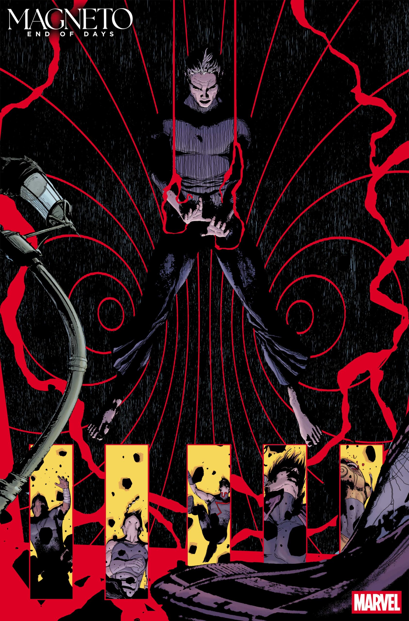 Magneto manipula campos de força numa página de prévia de End of Days, desenhada por Andrea Sorrentino.