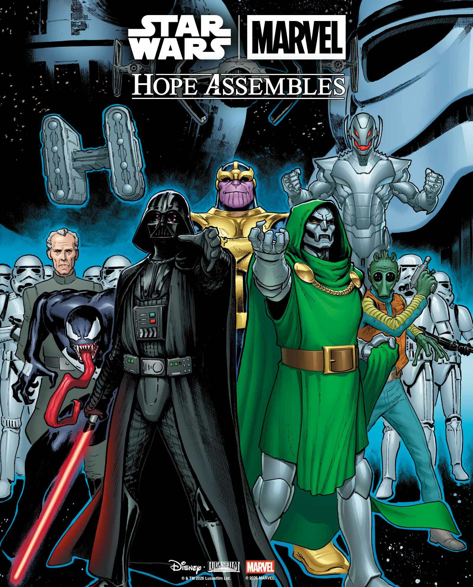 Darth Vader e Doutor Destino ao lado de Thanos, Ultron e soldados imperiais na arte de Hope Assembles.