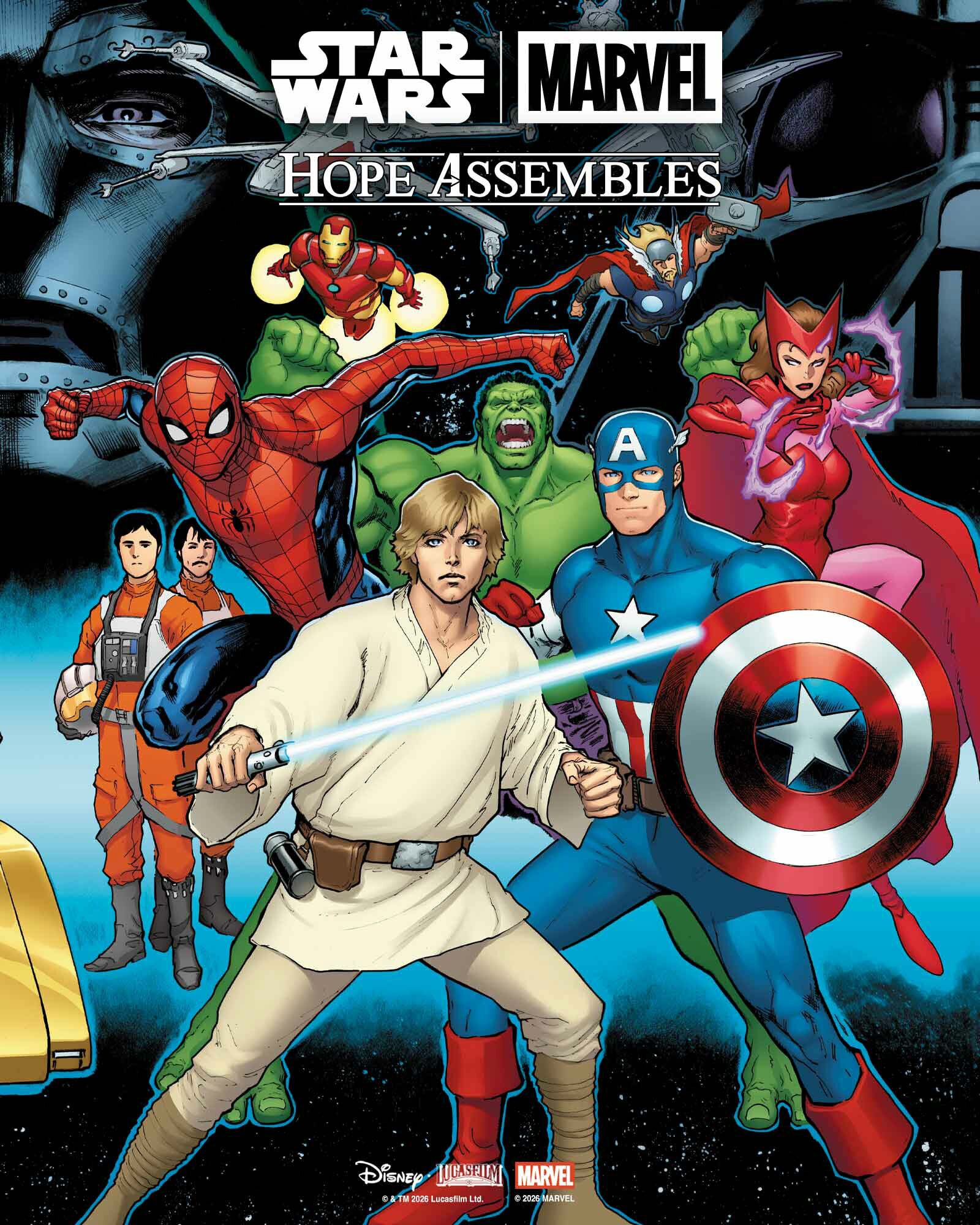 Luke Skywalker, Homem-Aranha e os Vingadores na arte promocional de Hope Assembles.