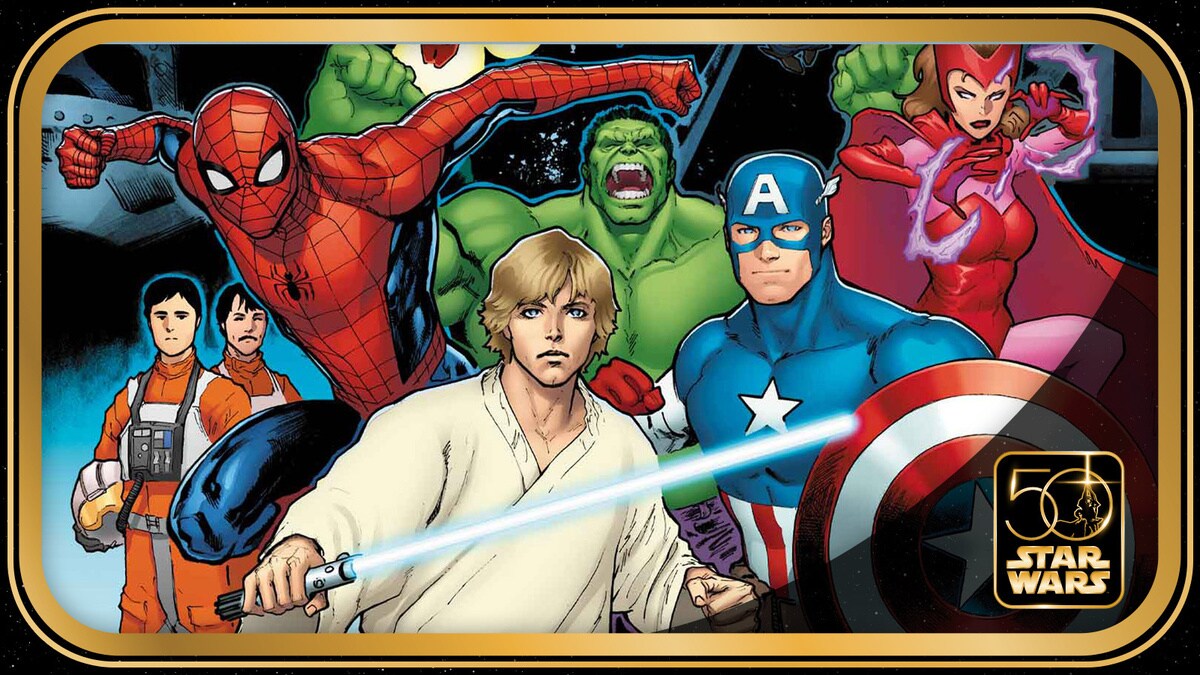 Luke Skywalker com sabre de luz ao lado do Homem-Aranha, Hulk e Capitão América na arte oficial do crossover.
