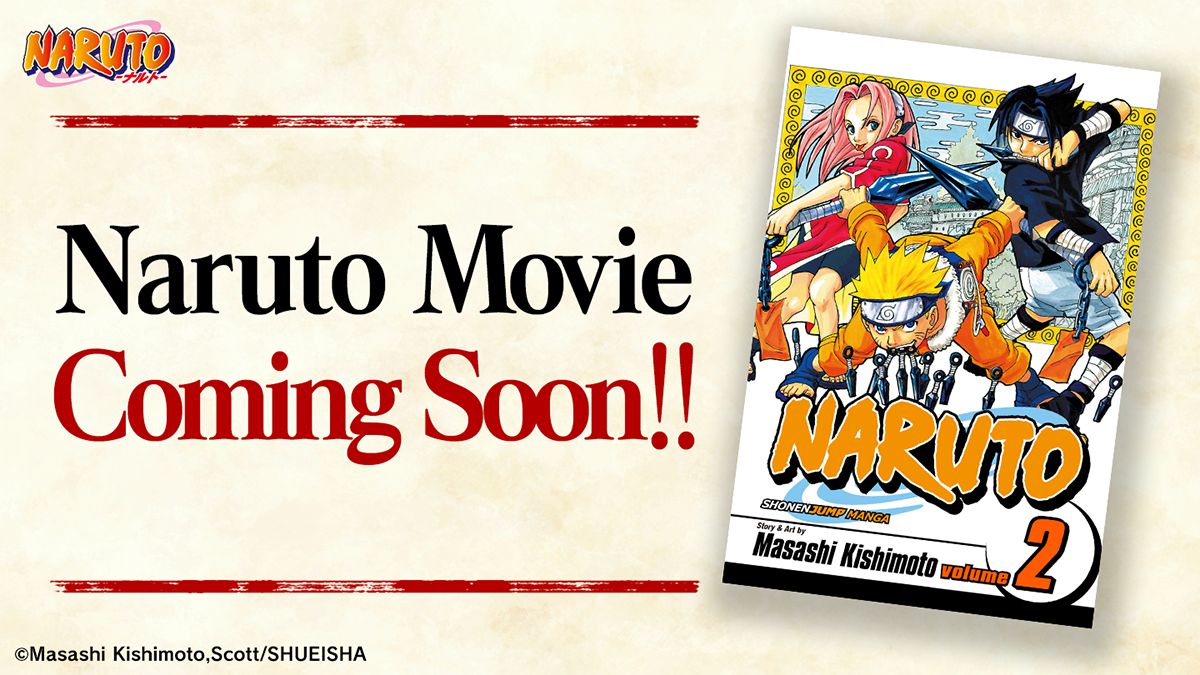 Arte oficial da busca de elenco de Naruto live-action, com Naruto, Sasuke e Sakura na capa do volume 2 do mangá.