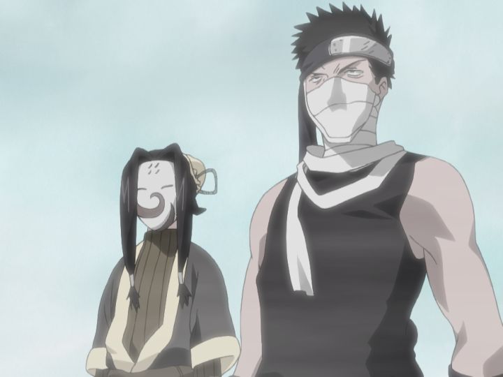 Zabuza Momochi e Haku, com máscara, no arco do País das Ondas do anime Naruto.