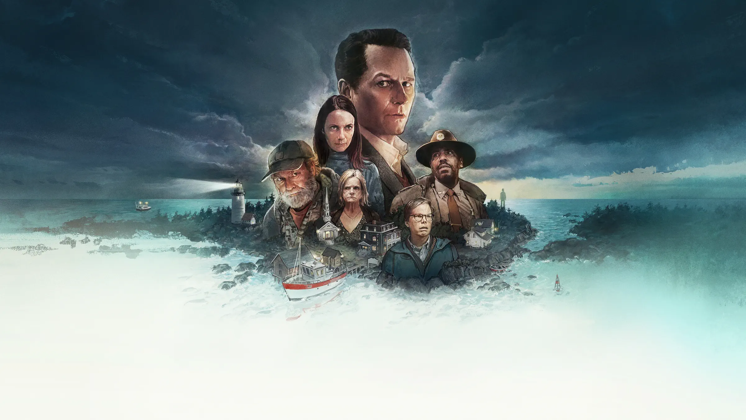 Elenco de O Segredo de Widow's Bay em arte de divulgação da série de suspense de 2026
