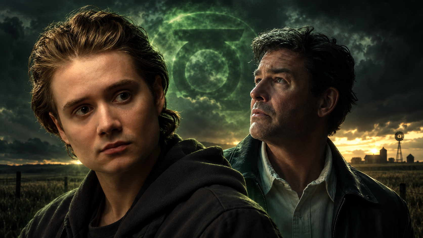 Montagem ilustrativa de Noah Macon e Hal Jordan com paisagem rural e símbolo de Lanterna Verde