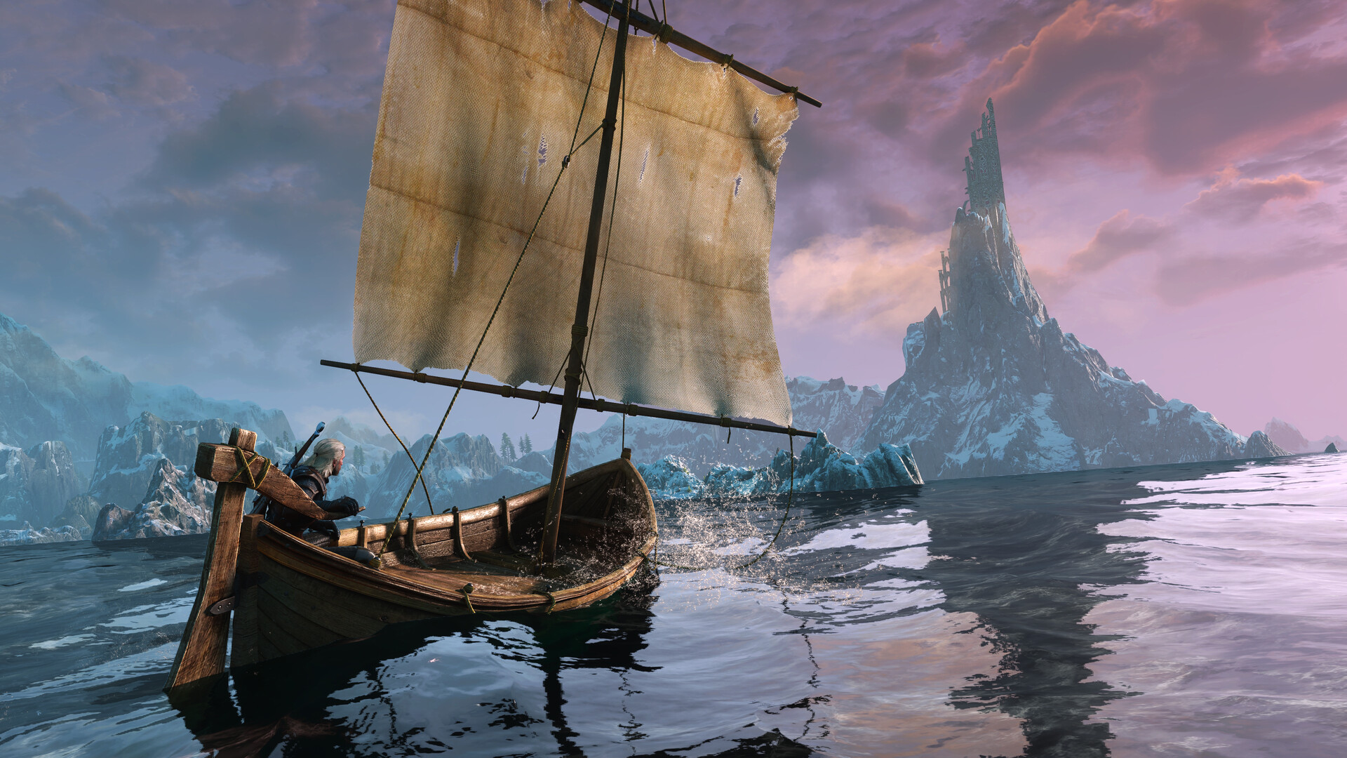 Geralt navega perto de montanhas e uma torre em The Witcher 3 Remastered