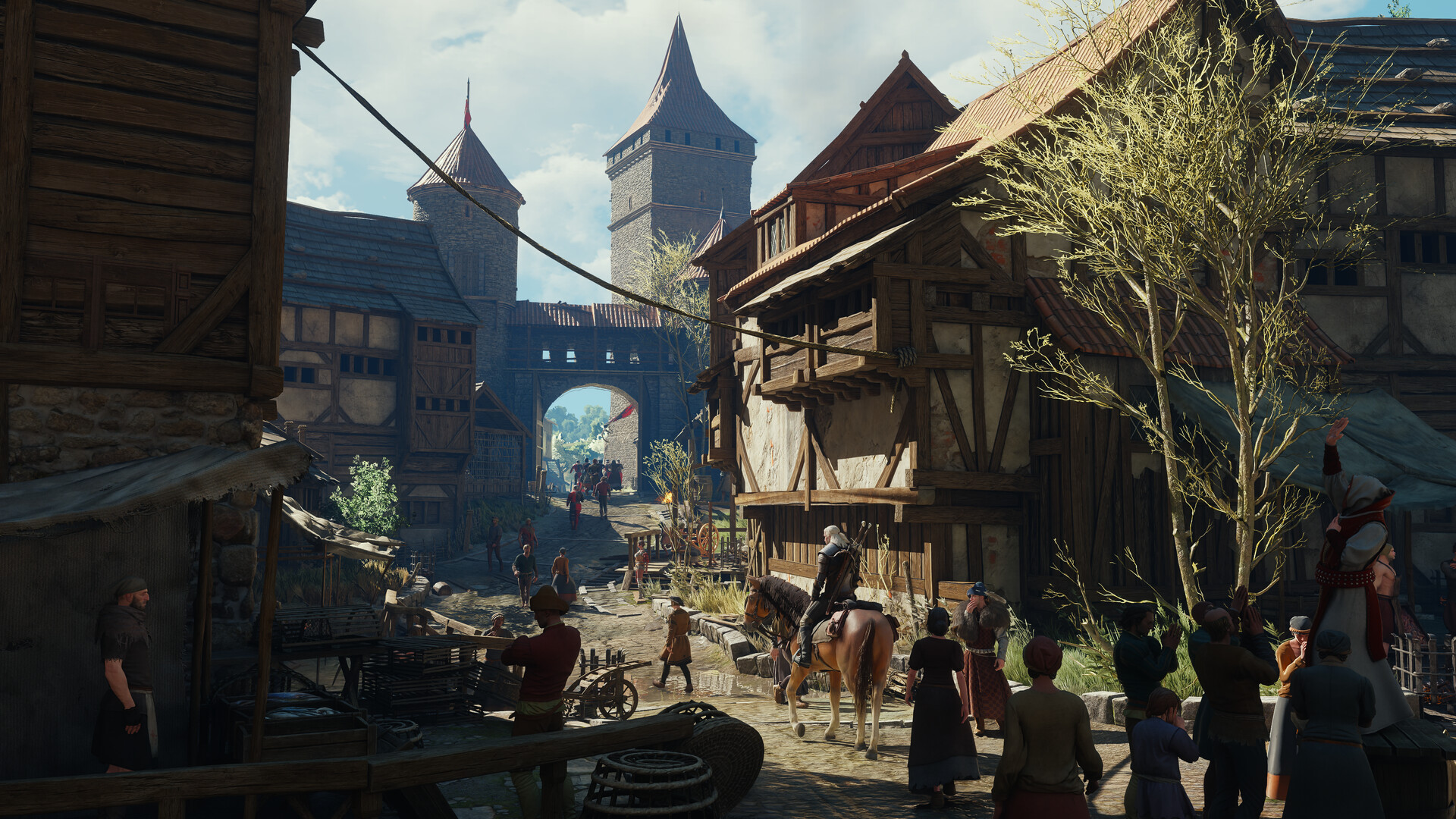 Geralt monta seu cavalo numa rua de uma cidade medieval