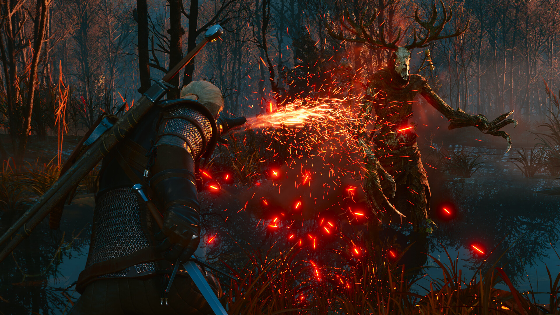 Geralt lança fogo contra um monstro na floresta