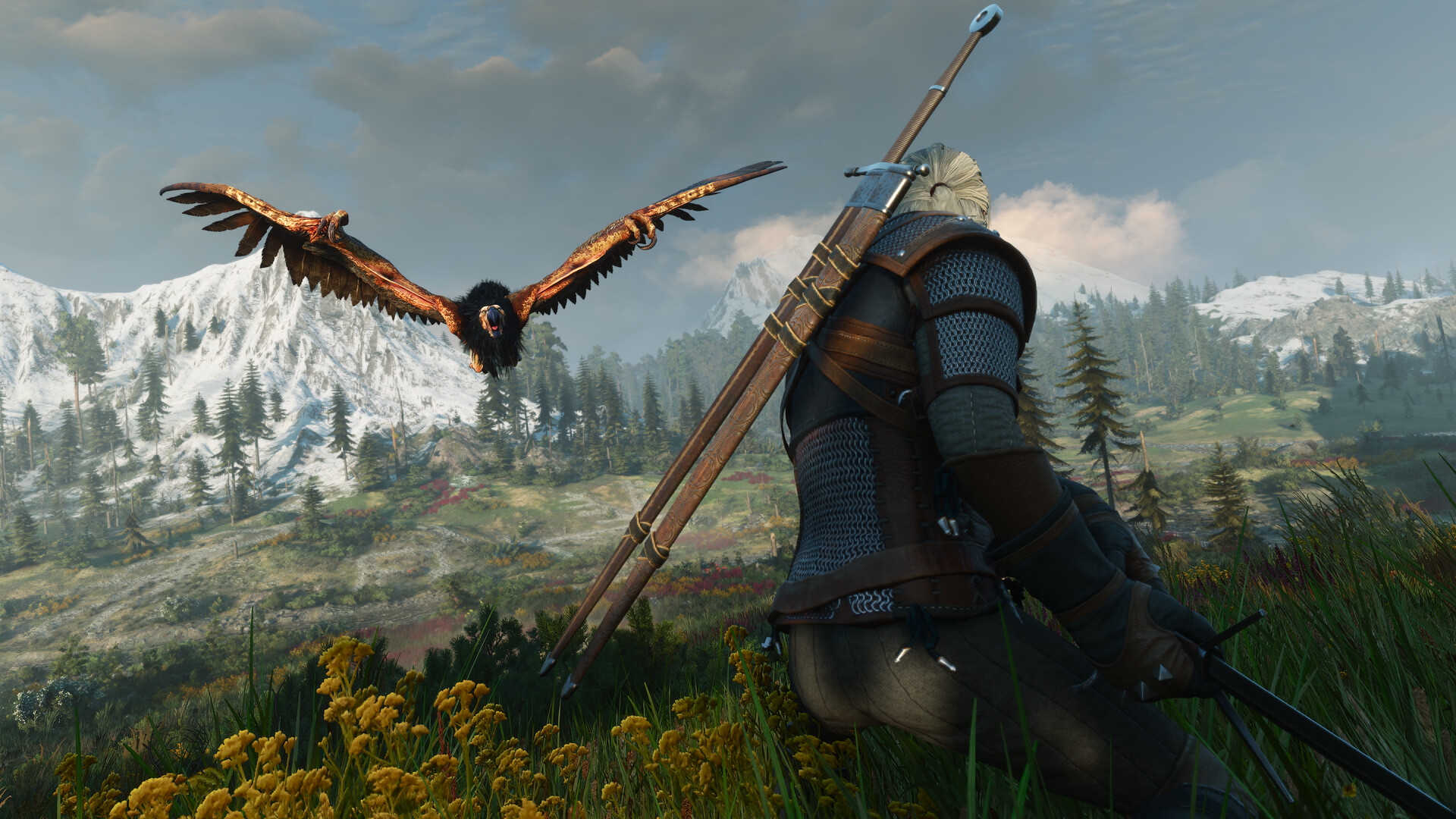 Geralt enfrenta um grifo diante de montanhas em The Witcher 3 Remastered