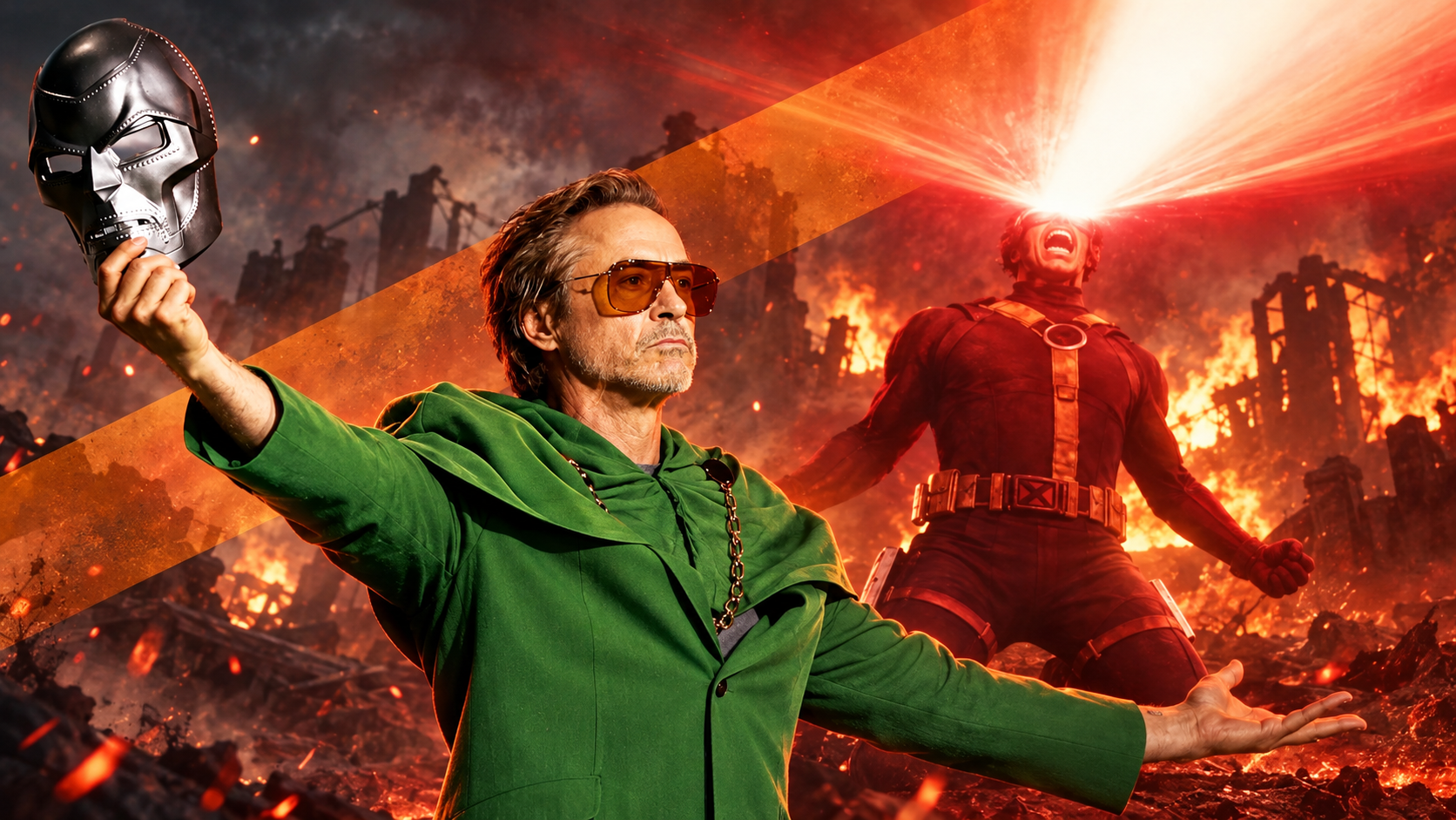 Montagem editorial de Robert Downey Jr. com a máscara do Doutor Destino e Ciclope ao fundo.