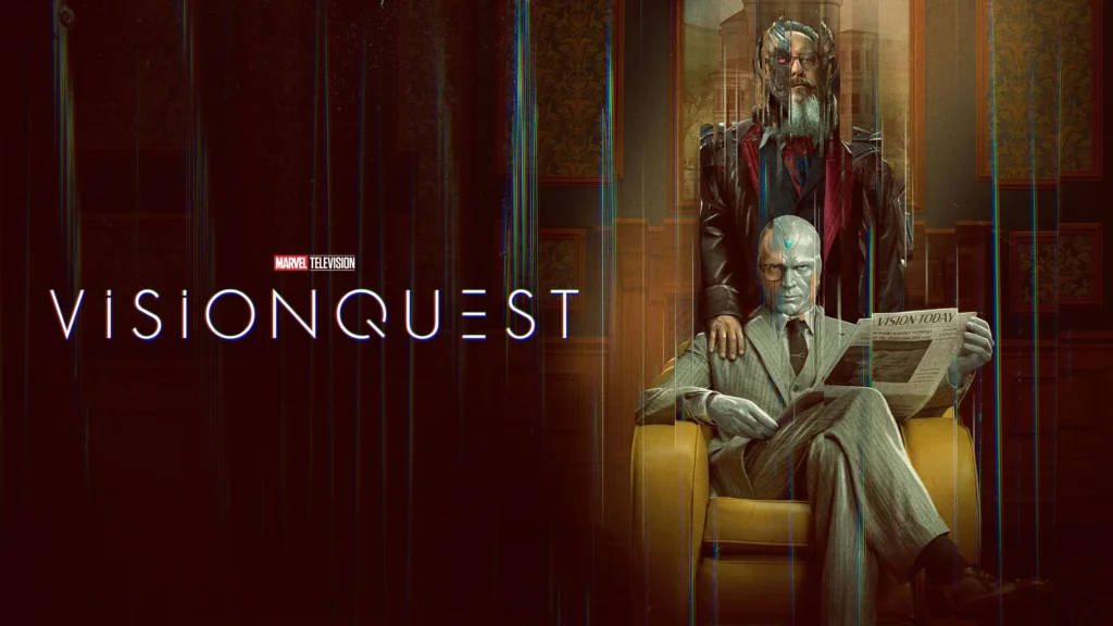 Arte de divulgação de VisionQuest com o Visão e o logo da série