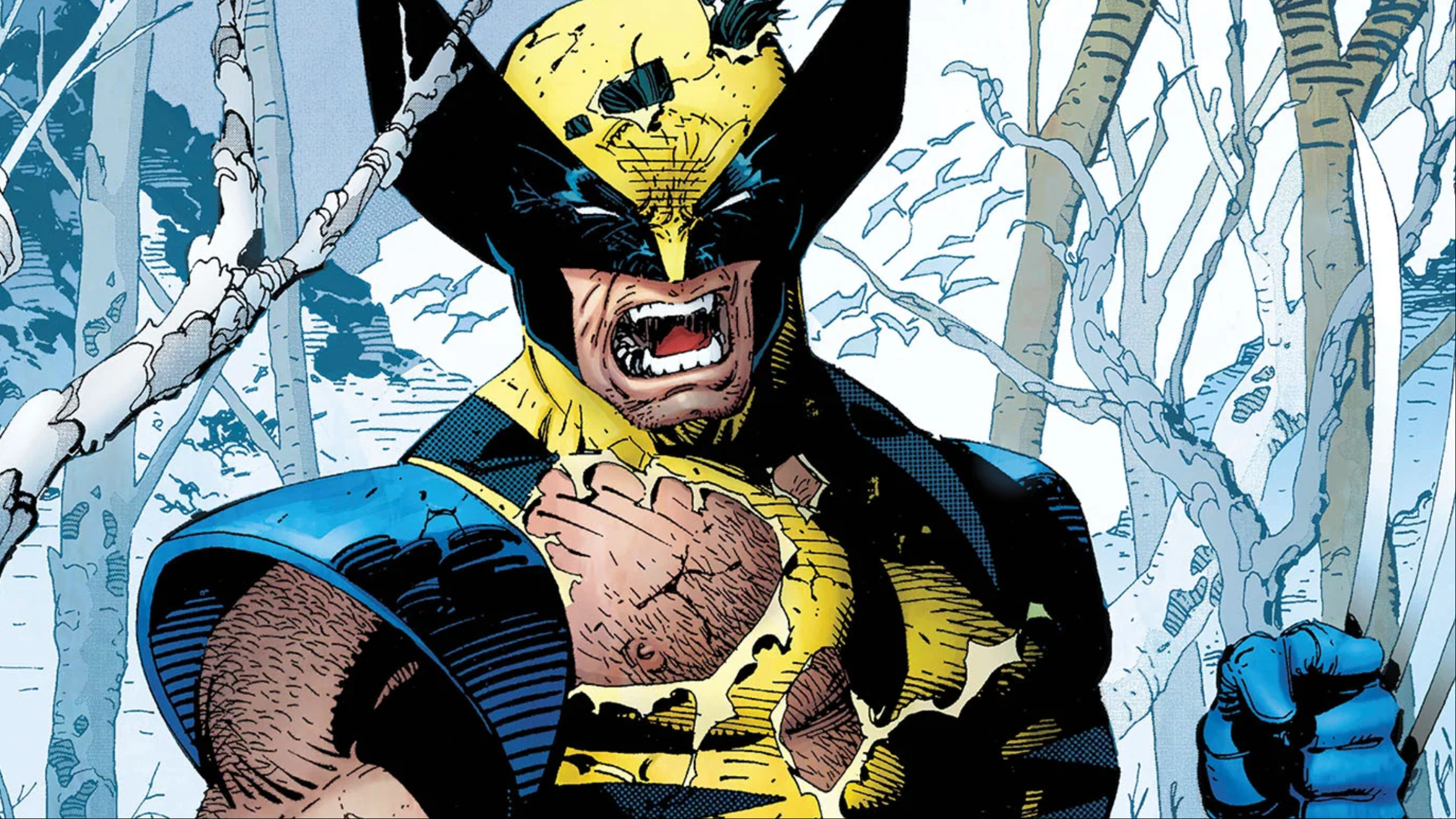 Wolverine rugindo, com o uniforme rasgado, em arte dos quadrinhos da Marvel