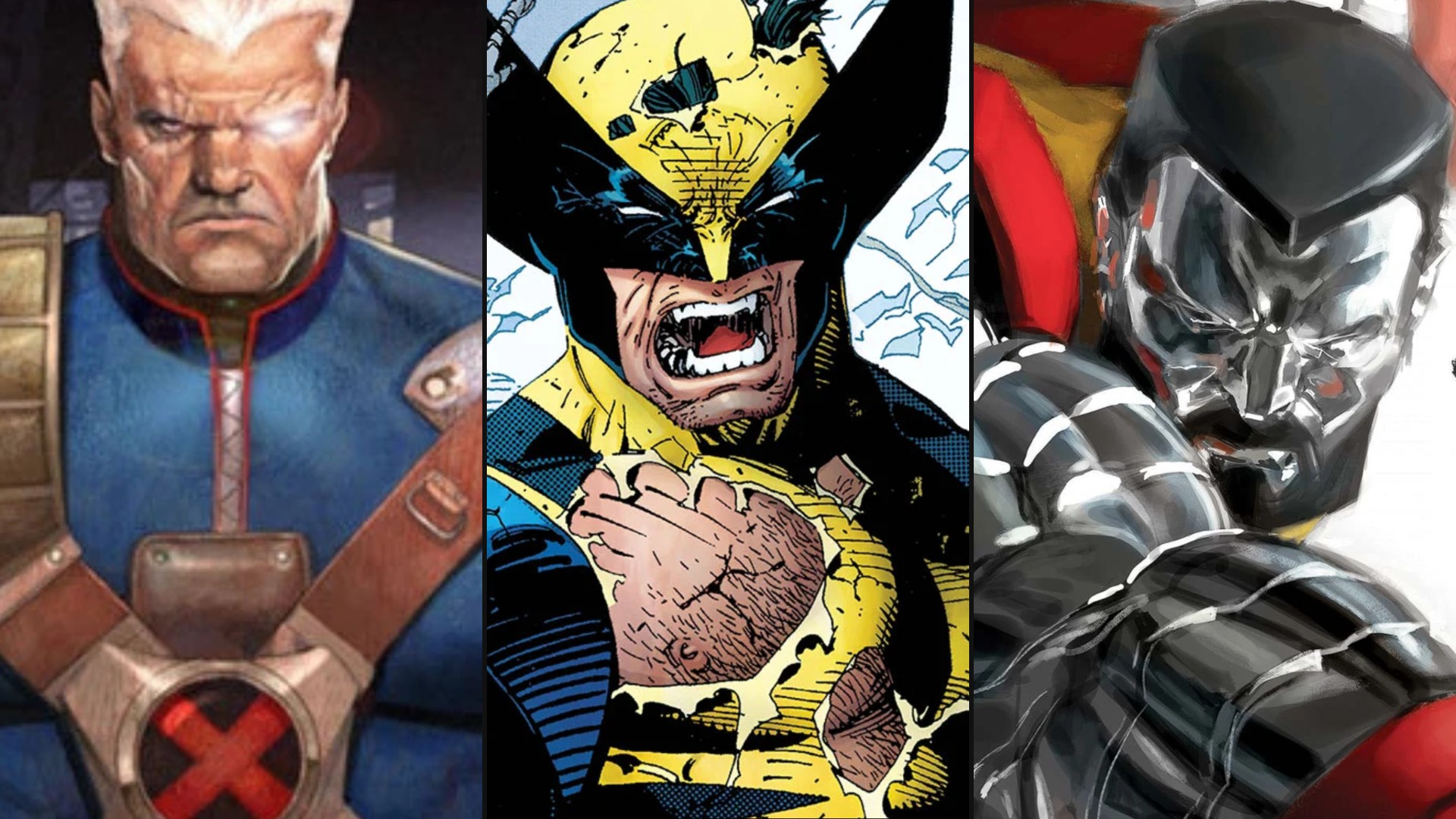 Cable, Wolverine e Colossus lado a lado em artes dos quadrinhos da Marvel